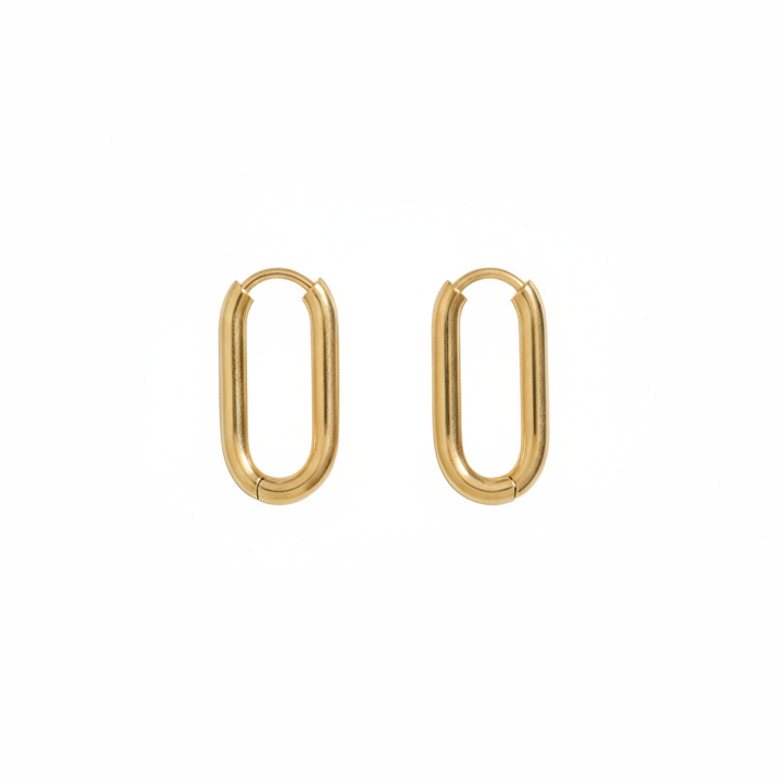 Gold Oval Link Hoop Earrings Plain White Background