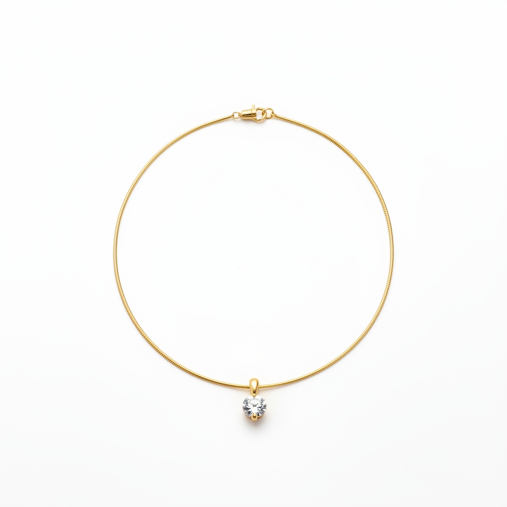 Gold Solitaire Crystal Necklace Circle Layout White Background