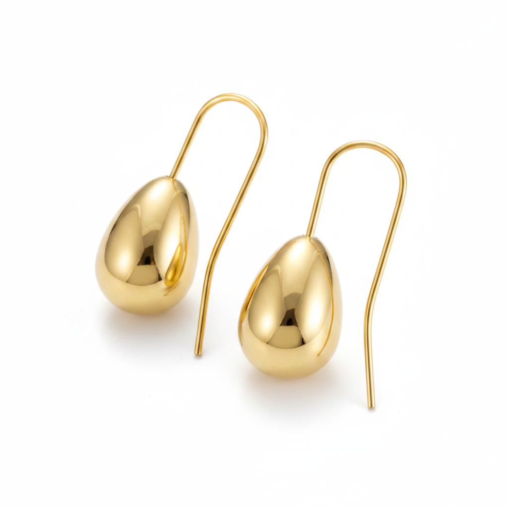 Gold Teardrop Egg Drop Earrings White Background