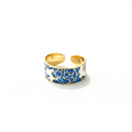 Blue Enamel Gold Band Ring - White Background