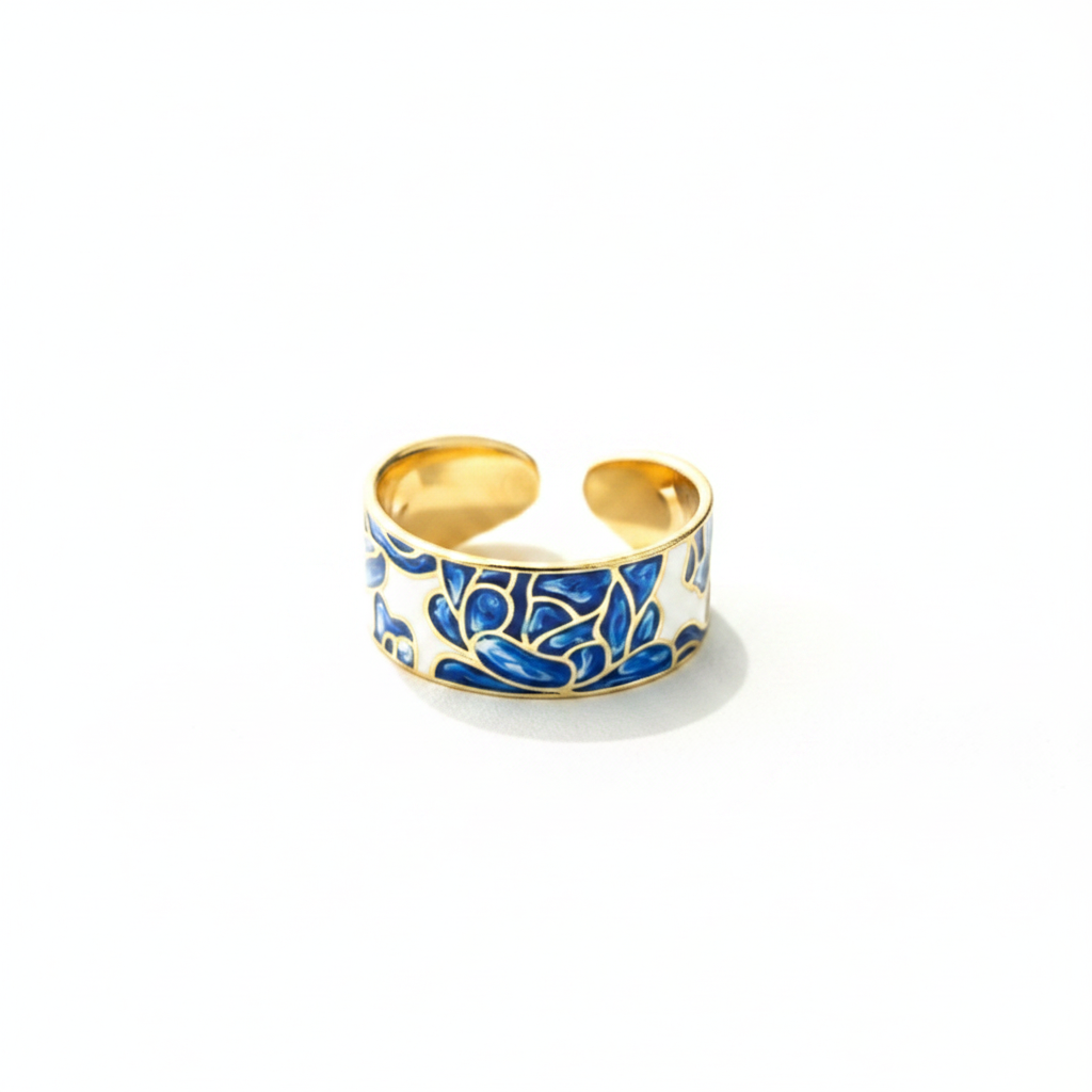 Blue Enamel Gold Band Ring - White Background