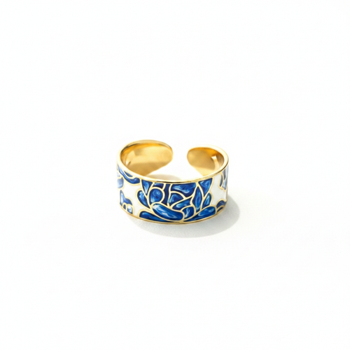 Blue Enamel Gold Band Ring - White Background