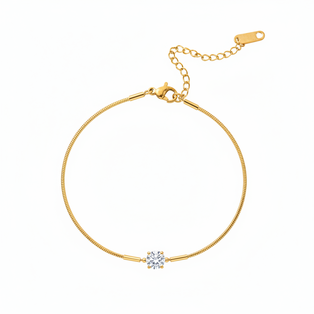 Gold Crystal Solitaire Snake Chain Bracelet - White Background