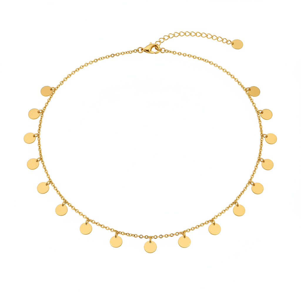 Gold Disc Charm Necklace White Background