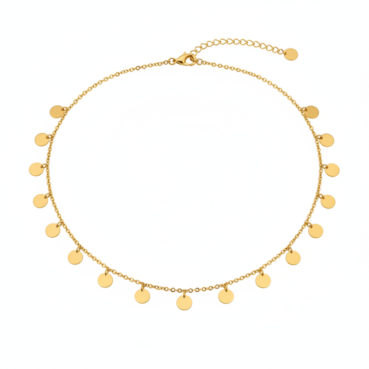 Gold Disc Charm Necklace White Background