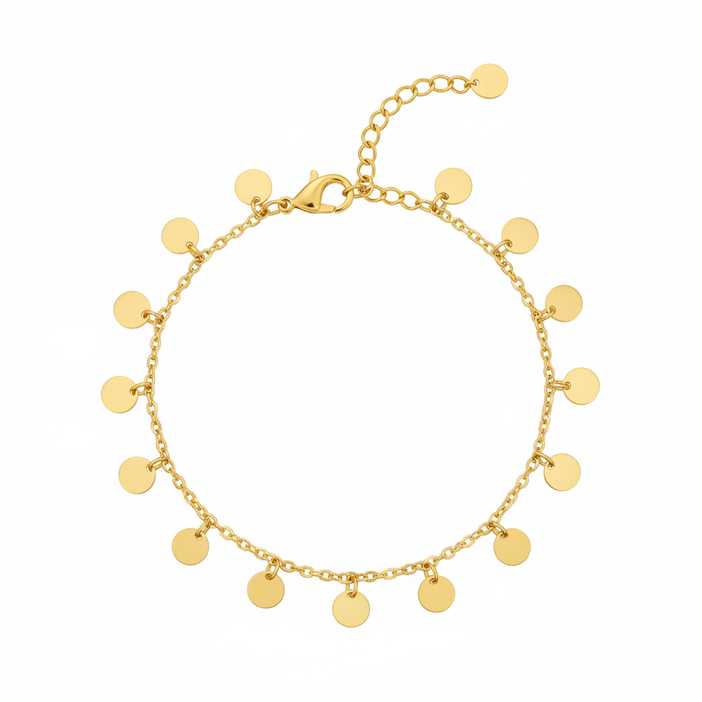 Gold Disc Coin Charm Bracelet - White Background