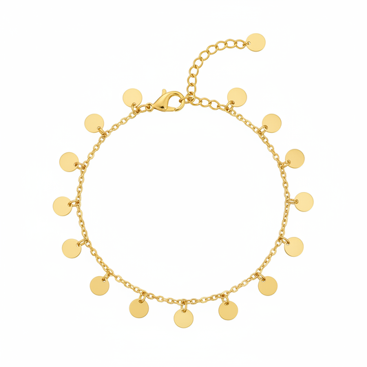 Gold Disc Coin Charm Bracelet - White Background