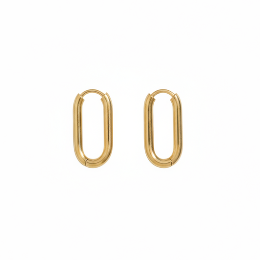 Gold Oval Link Hoop Earrings Plain White Background