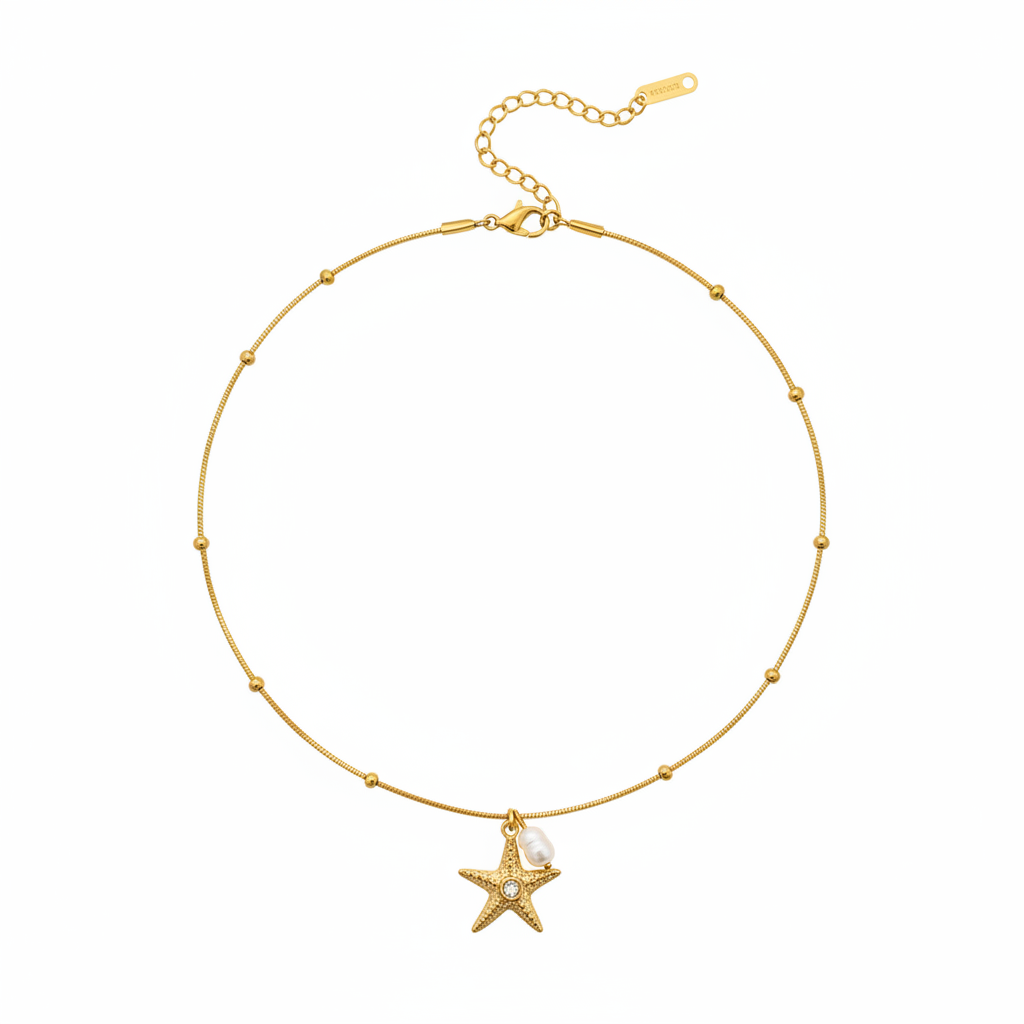 Gold Starfish Pearl Satellite Necklace - White Background