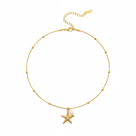 Gold Starfish Pearl Satellite Necklace - White Background