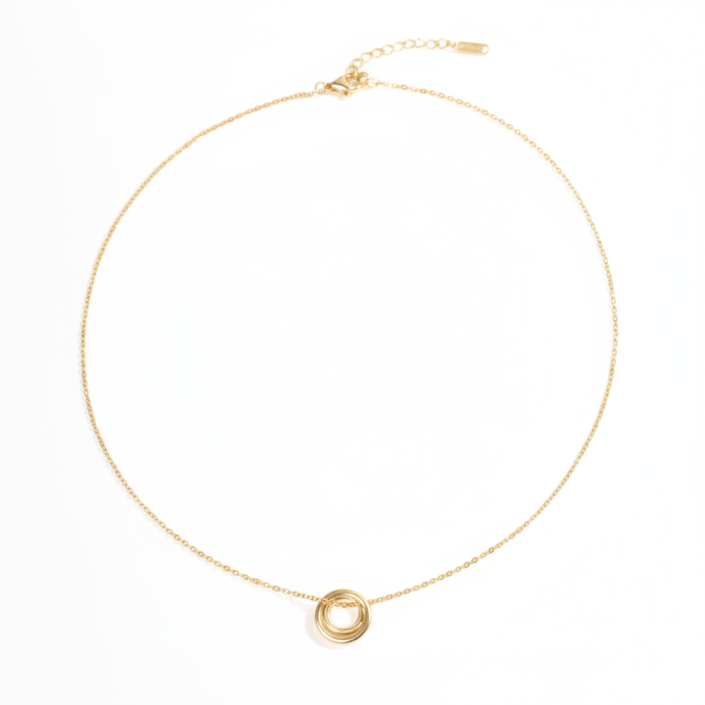 Gold Triple Ring Pendant Necklace Bright White Background