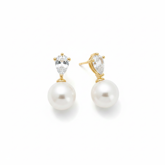 Pearl Crystal Drop Stud Earrings White Background